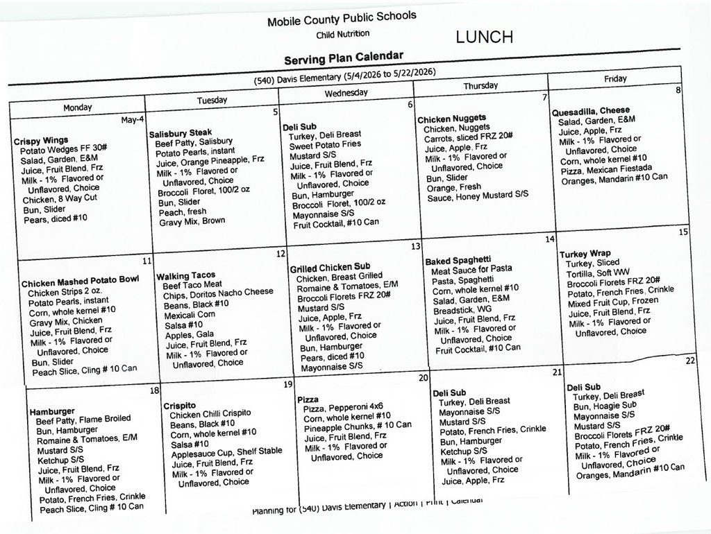 May 2026 Lunch Menu