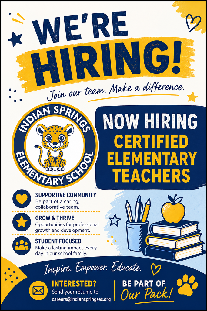 Indian Springs is now accepting applications for  certified elementary teachers for the 26-27 school year. Please send resume to jbranch1@mcpss.com