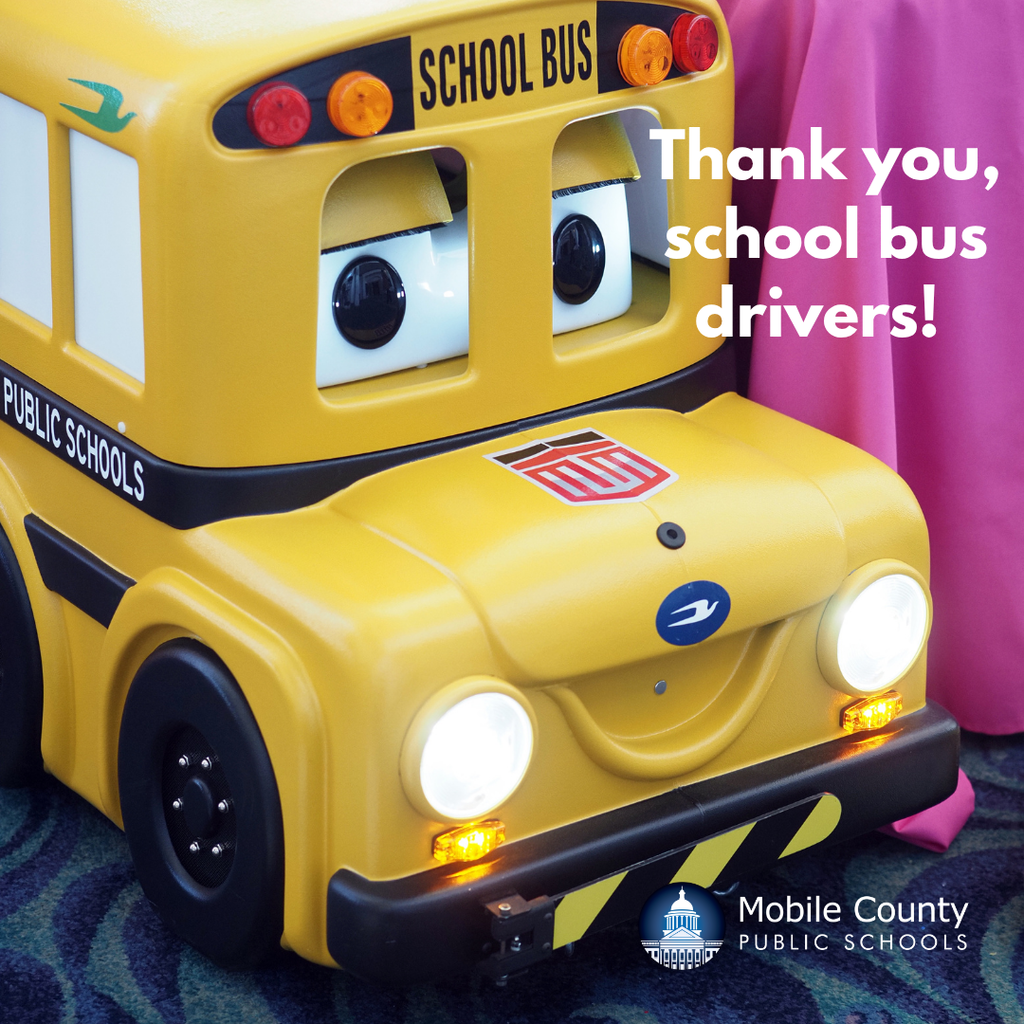 A picture of a remote control school bus with a smiley face, and the words "Thank you, bus drivers!"
