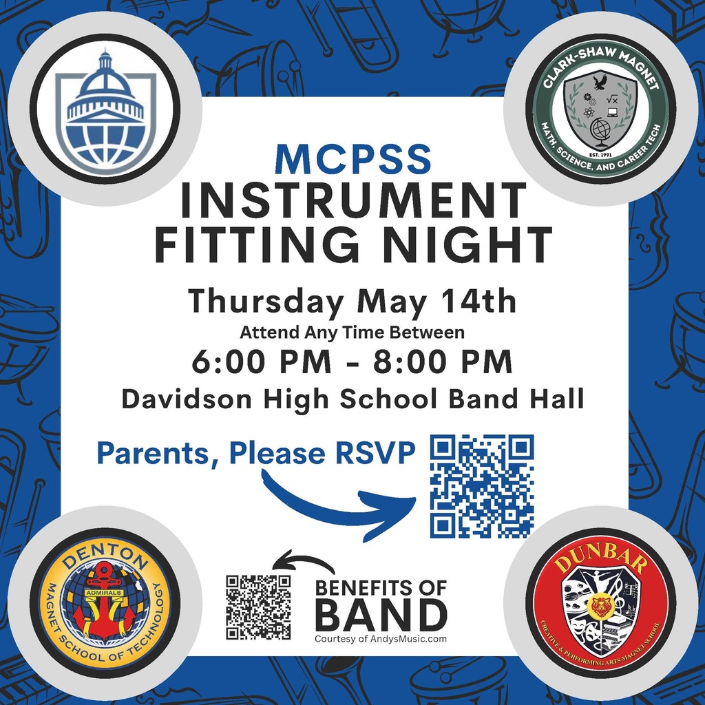Graphic announcing instrument fitting night for new band students- there is a QR code to scan, but the link to the Google Form is listed in the text