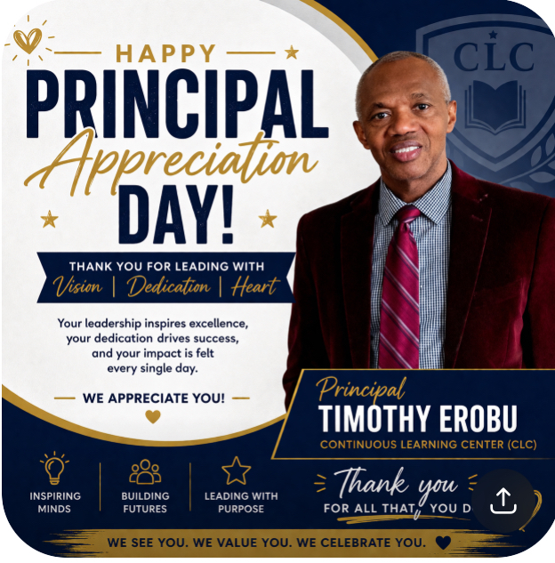 Navy blue, gold, and white flyer with information about principal appreciation day.