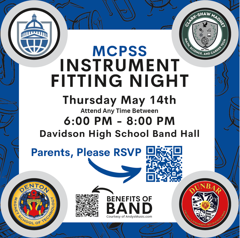 SAVE THE DATE! If your child wants to join beginning band or orchestra next year, please RSVP for the Magnet School Instrument fitting on May 14. You will have the chance to meet Mr. Richardson and Ms. Wilson, get fitted for an instrument, and receive information on our band and orchestra classes for next year!