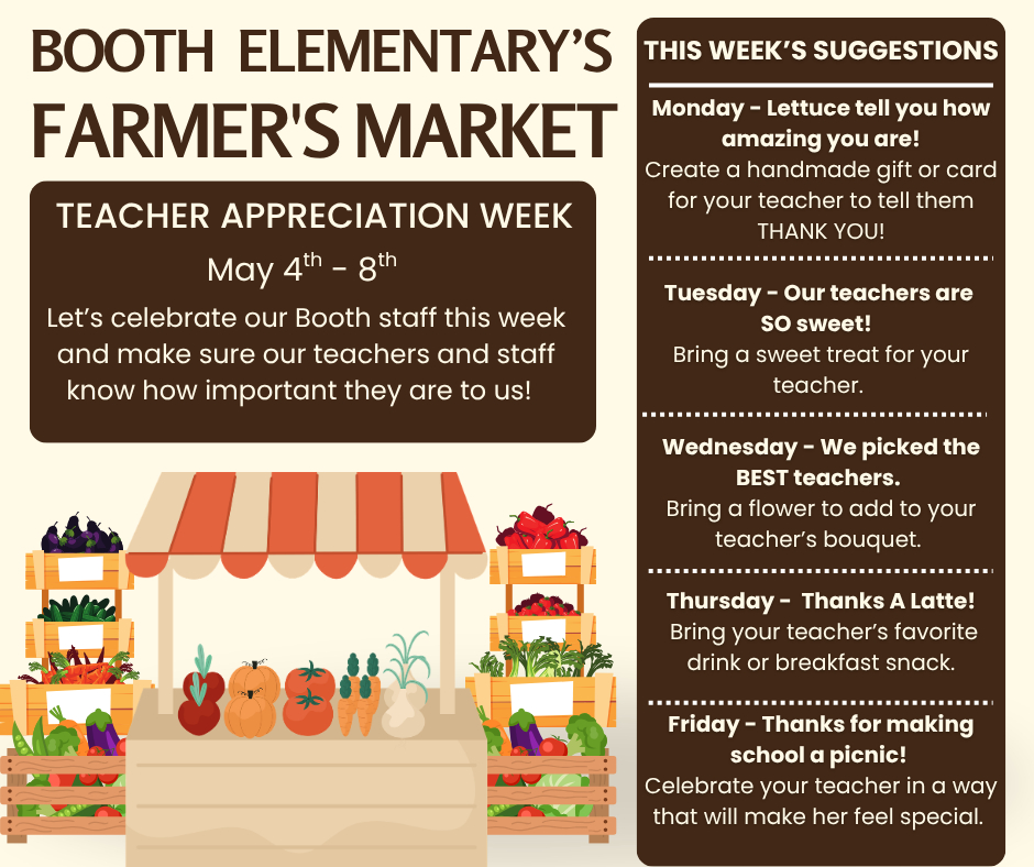 Teacher Appreciation week - May 4 - 8. Teacher Appreciation week suggestions:  Monday - handmade gift or card, Tuesday- sweet treat, Wednesday - a flower for your teacher's bouquet, Thursday - Favorite breakfast or drink, Friday - a treat of your choice. 