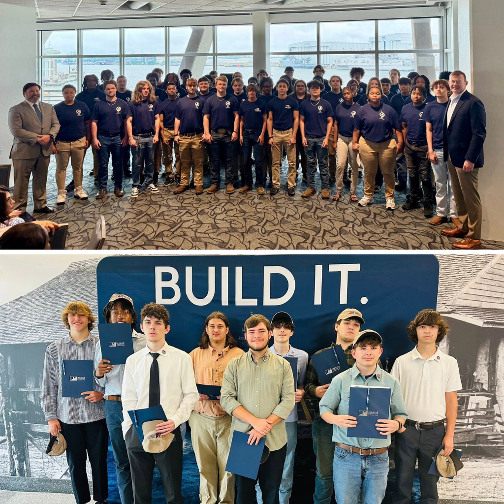 Groups of high school students who signed apprenticeships with Austal and Ingalls Shipbuilding