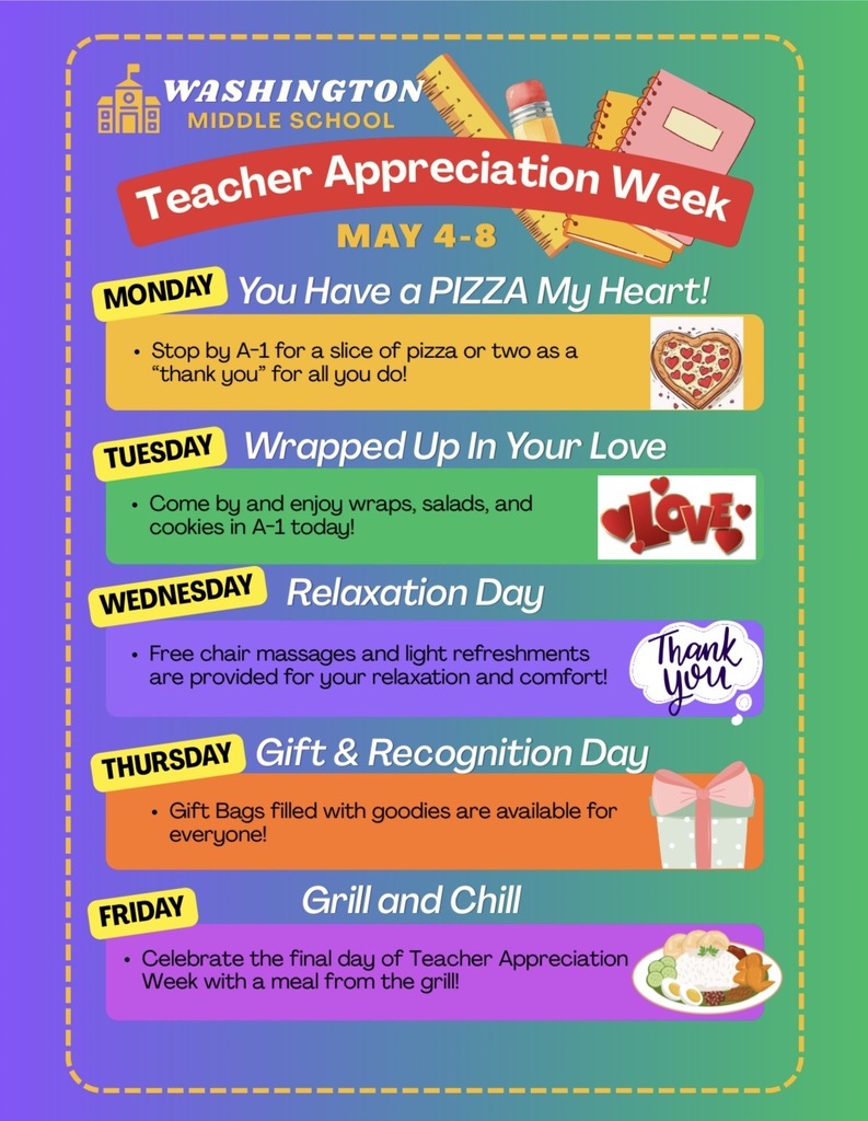 Teacher Appreciation Week is May 4th through May 8th and list of daily activities.