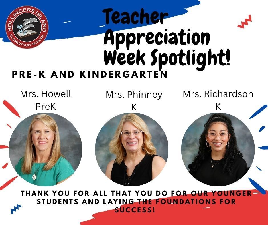 Teacher Appreciation Spotlight Post for Kindergarten and PreK- pictures of the teachers- howell, phinney, richardson- red and blue decorative text