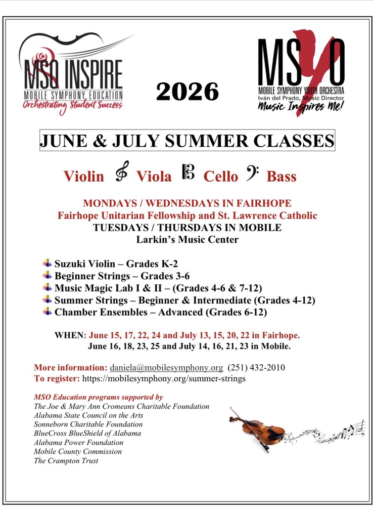 summer Strings Information . Tues and Thurs in Mobile. Call Daniela at 251-432-2010. Violin, Viola, Cello, Bass available.
