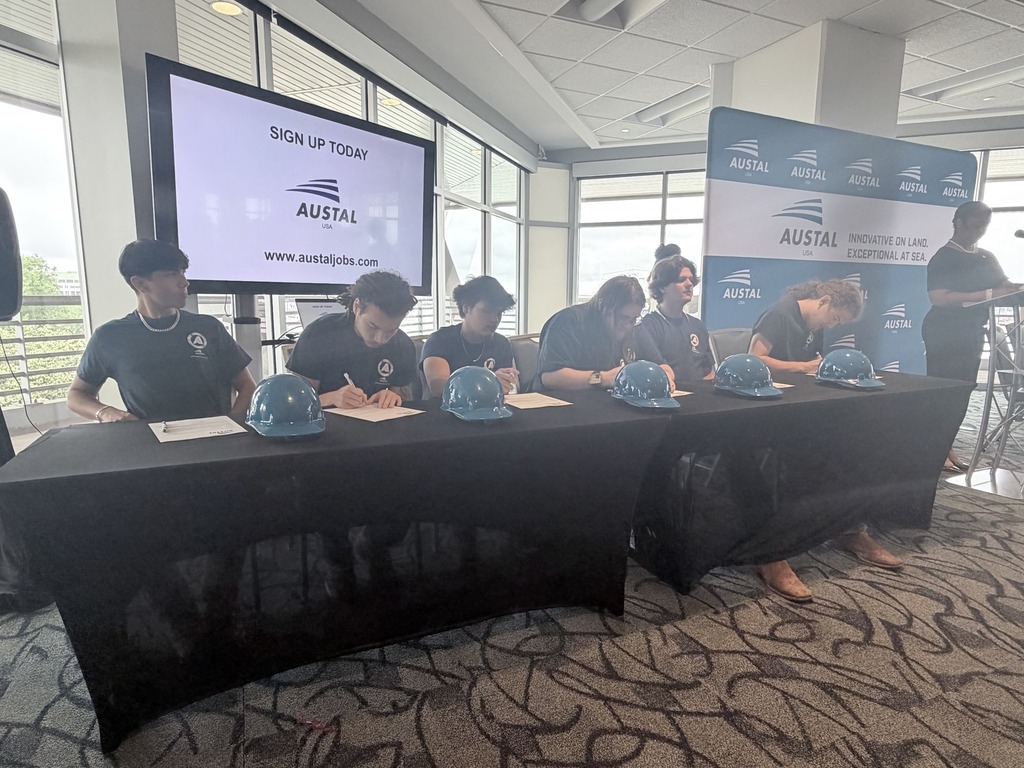 At Austal USA’s Apprentice Signing Day, these future shipbuilders officially committed to careers in skilled trades through our workforce development program — choosing hands-on career paths in welding, ship fitting, pipe welding, and pipe fitting.