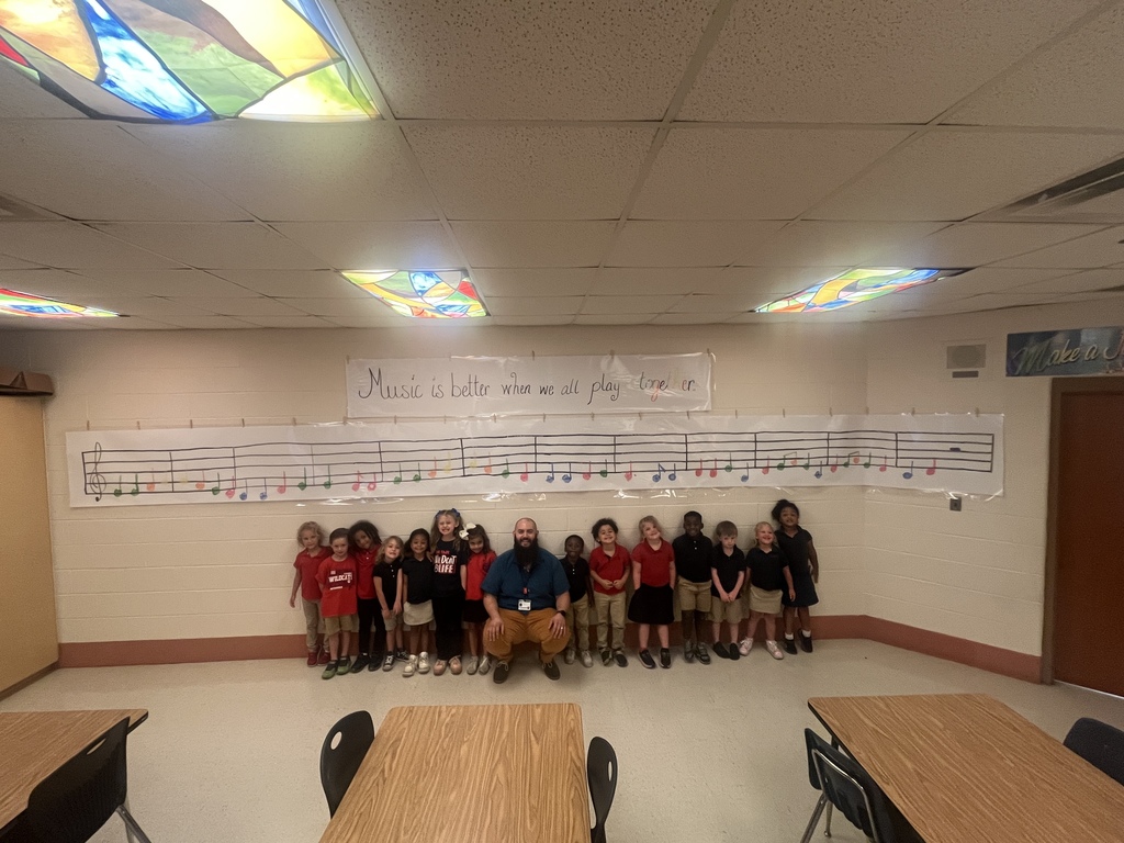 Mrs. Helton's Pre-K class made an art project for our fabulous music teacher, Mr. Medina. We would like to display their hard work. Each music note is a different student's hand print and they wrote each note to the tune of "Ode to Joy" from Beethoven's 9th Symphony. Their project touched Mr. Medina's heart and brought the biggest smile to his  face. 