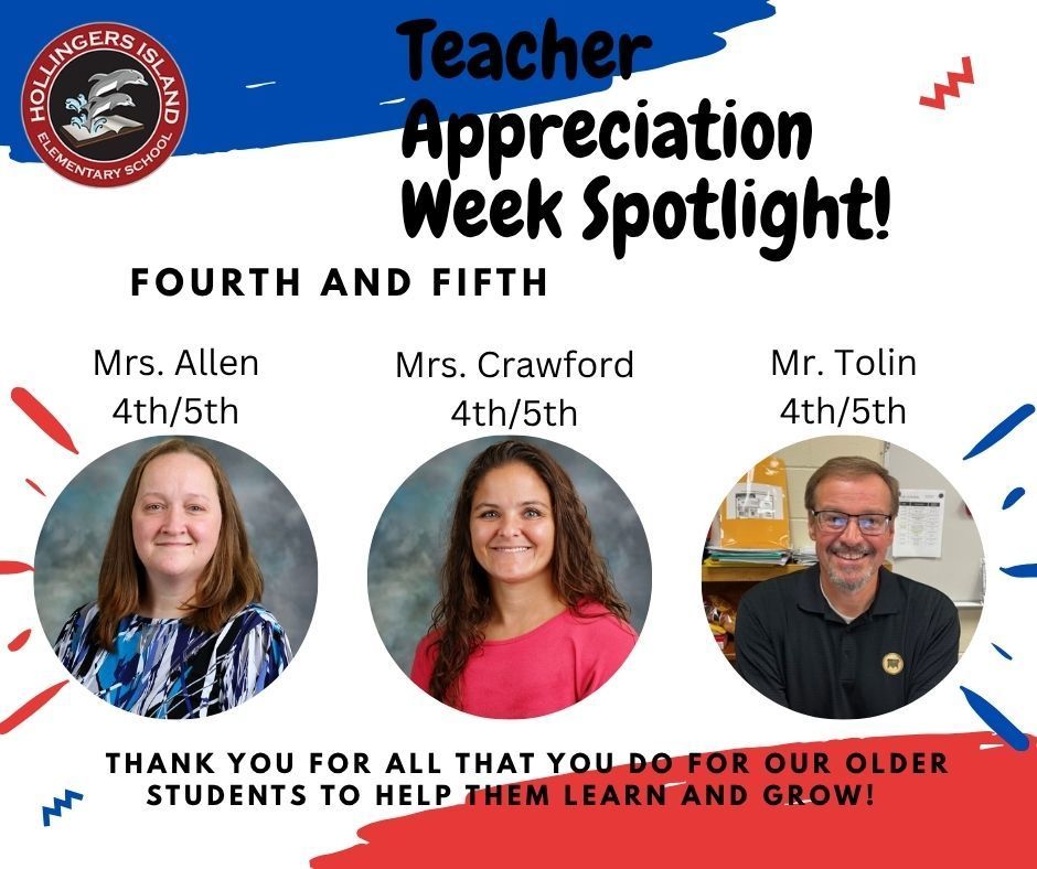 Teacher appreciation post for fourth and fifth pictured left to right: allen, crawford, tolin