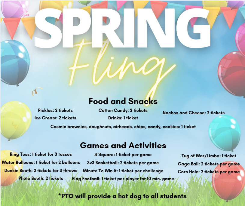 Spring fling event featuring games, activities, and food with colorful balloons and a grass background.