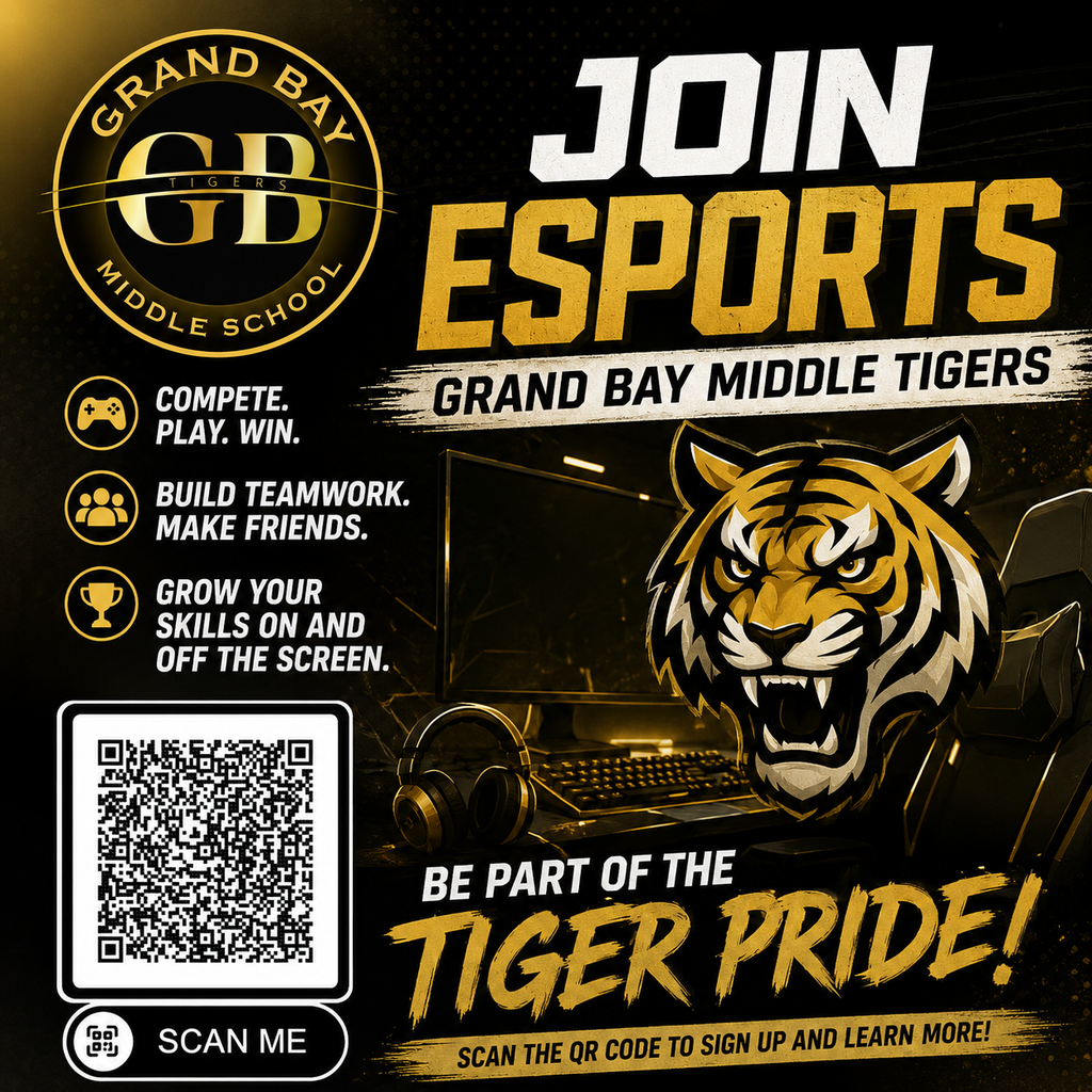 Level up with the Grand Bay Middle Tigers Esports Team! 🎮🐅 Compete, make friends, and show your Tiger pride — scan the QR code to join today!