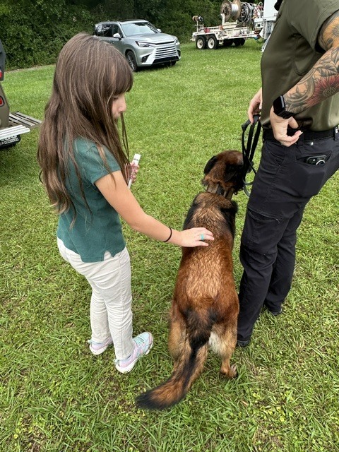 A girl with brown hair and a green shirt pets a brown and black dog. A man in black pants holds the dog's leash.
