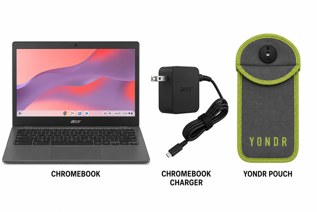 A laptop with a screen, keyboard, and touchpad. A black adapter with a cord. A green pouch with "YONDR" printed on it.