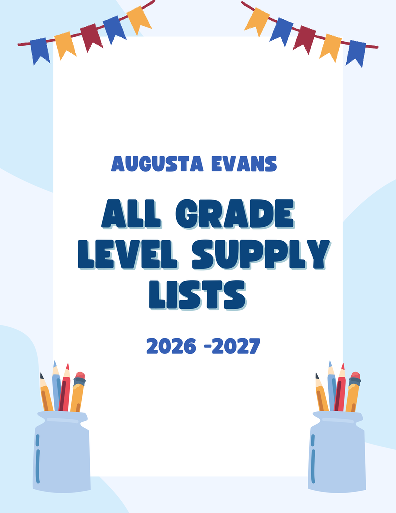 All Grade level supply lists for the 2026-2027 school year/Banner up top on the image with clip art pencil holders on the bottom of the image 