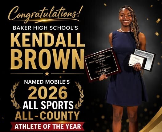 Graphic featuring Baker High's Kendall Brown holding two plaques, honoring her as the 2026 All-Sports All-County athlete of the year