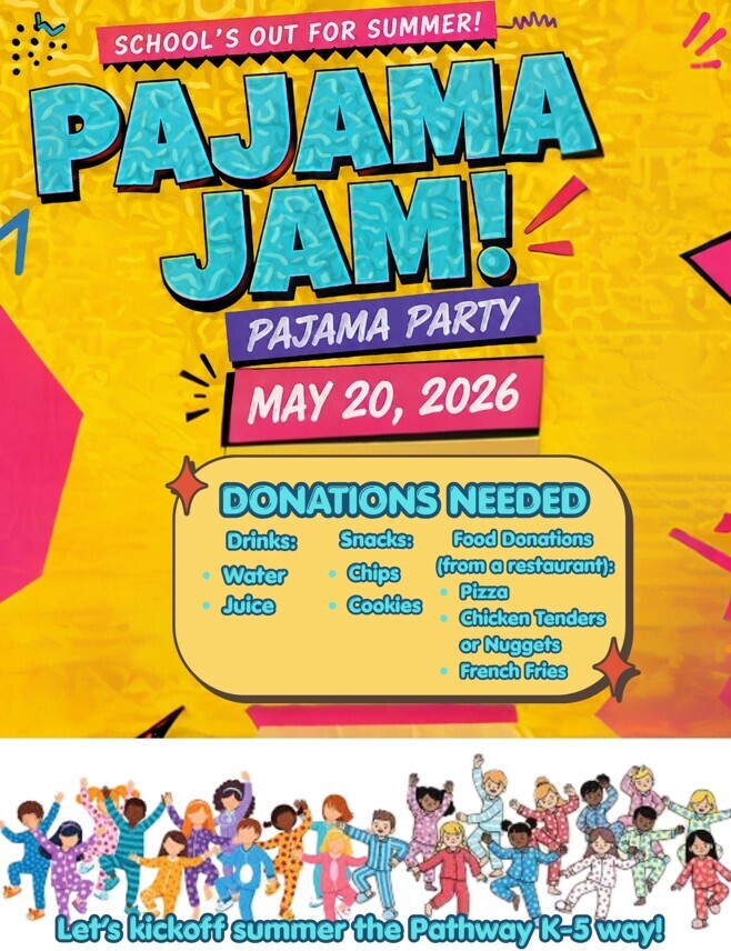 Poster with yellow background promoting a Pajama Jam event on May 20, 2026, featuring a group of children in pajamas.