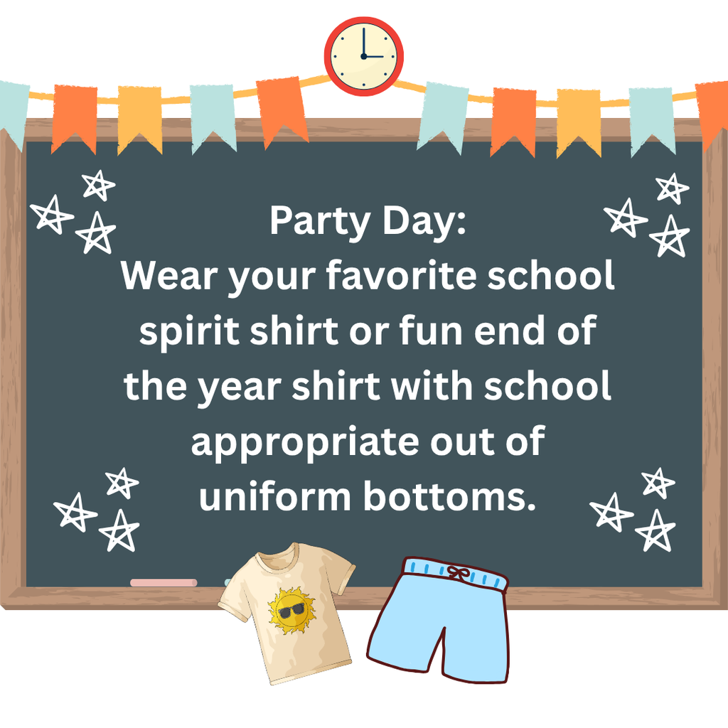 A blackboard with a message, a clock, bunting flags, and a t-shirt and shorts below it.