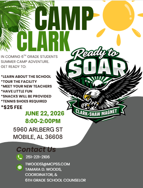flyer about Clark camp for incoming 6th graders June 22, 2026