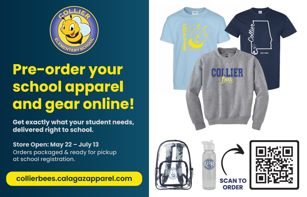 An advertisement displays a blue, gray, and black t-shirt with a logo. Below, a backpack, water bottle, and a QR code. Text: "Pre-order your school apparel and gear online!"