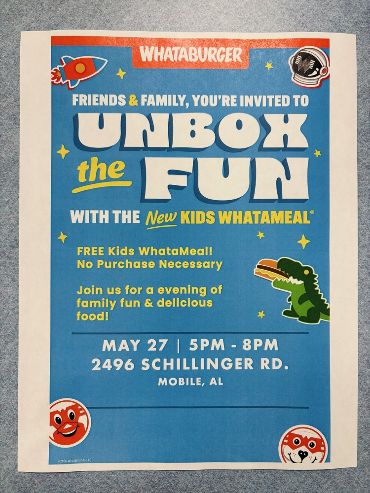 Visit Whataburger at 2496 Schillinger Rd Mobile, AL to get a free kids meal. no purchase necessary