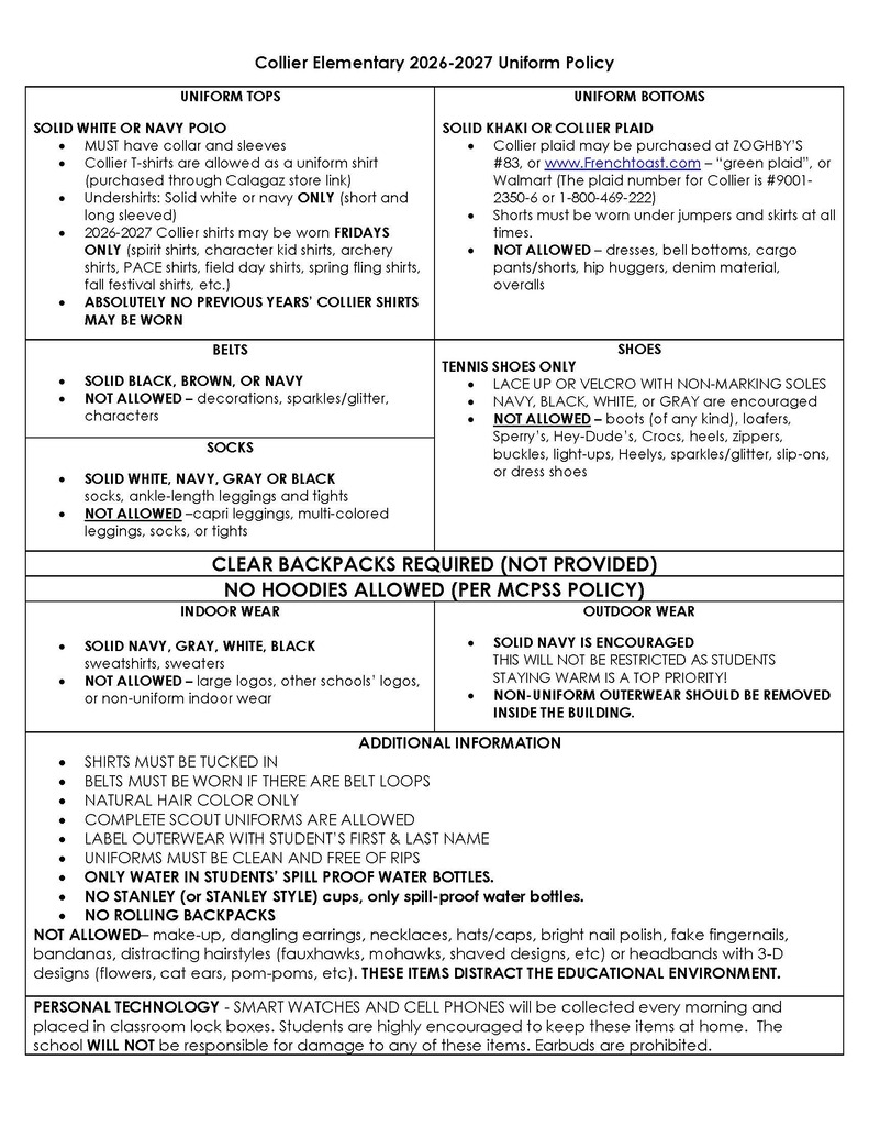 A page with a blue background displays the 2023-2024 uniform policy for Collar Elementary, detailing the required and optional uniform items.
