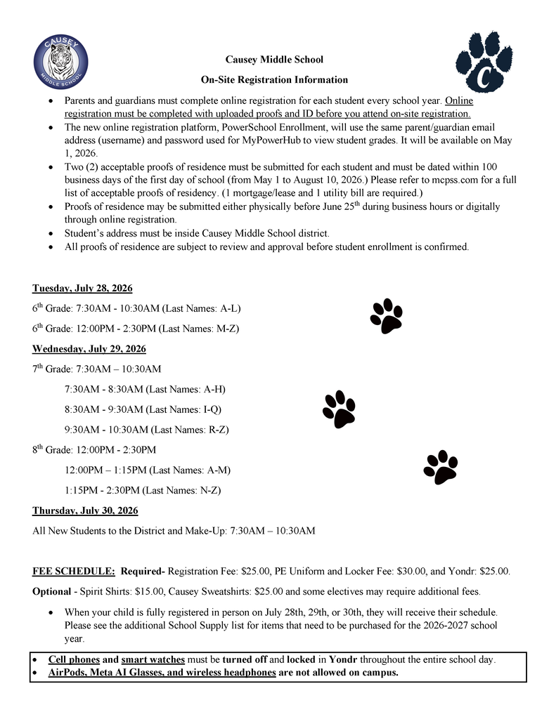 2026-2027 In-Person Registration Dates/Info