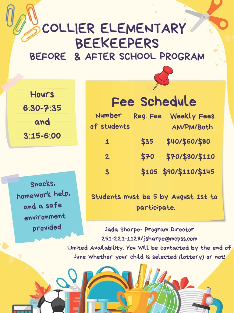 Flyer with yellow background, showing a pin, scissors, paper clips, and school items. Text includes "Collier Elementary Beekeepers Program," hours, fees, and participation details.