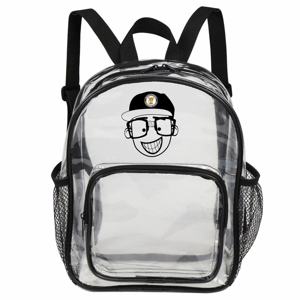 Clear book bag with Secret Scientist logo: A grinning cartoon character, sporting glasses and a hat bearing the Indian Springs ES logo.