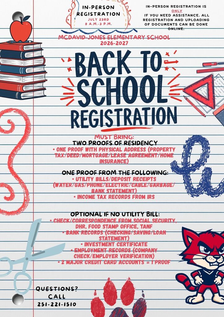 This is ONLY if you need assistance with registration and uploading of documents... July 23rd 8 a.m.-3 p.m. 251-221-1510 If you have registered and uploaded documents online you do NOT have to come in. If you come in because you need assistance you MUST BRING: Two Proofs of Residency • ONE proof with physical address (property tax/deed/mortgage/lease agreement/home insurance) One Proof from the following: • utility bills/deposit receipts (water/gas/phone/electric/cable/garbage/ bank statement) • income tax records from IRS Optional if NO Utility Bill: • check/correspondence from Social Security, DHR, food stamp office, TANF • bank records (checking/saving/loan statement) • investment certificate • employment records (company check/employer verification) • 2 major credit card accounts = 1 proof