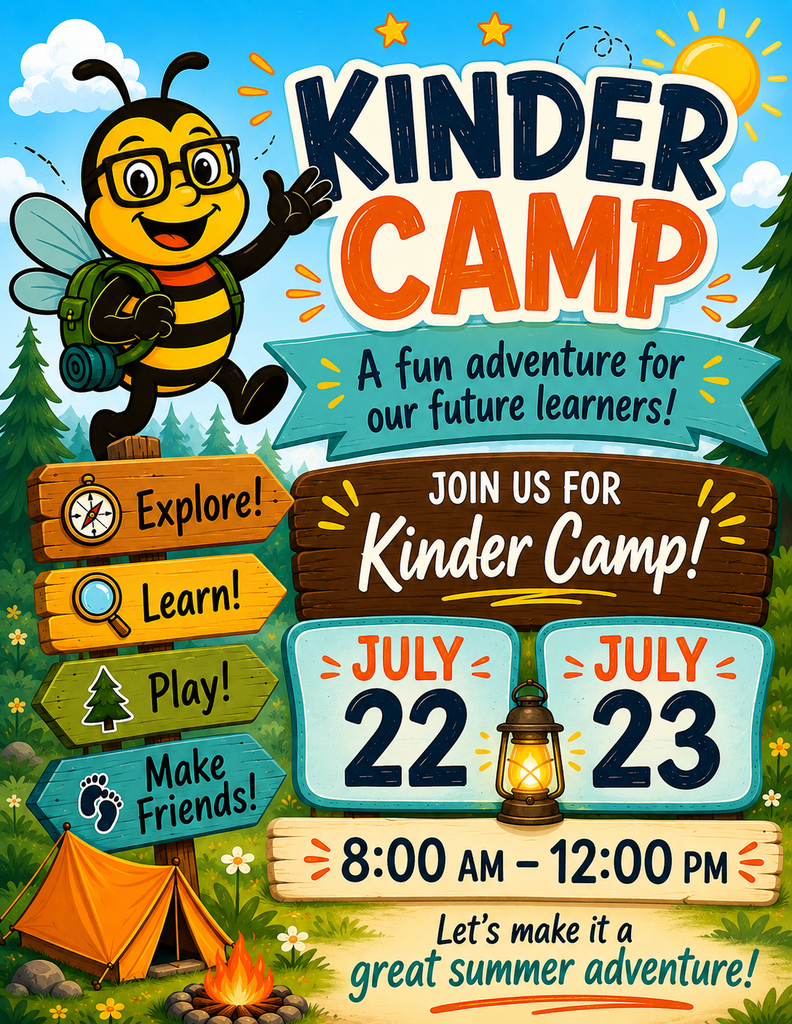 kinder camp flyer with dates and time featuring our mascot in a camping scene