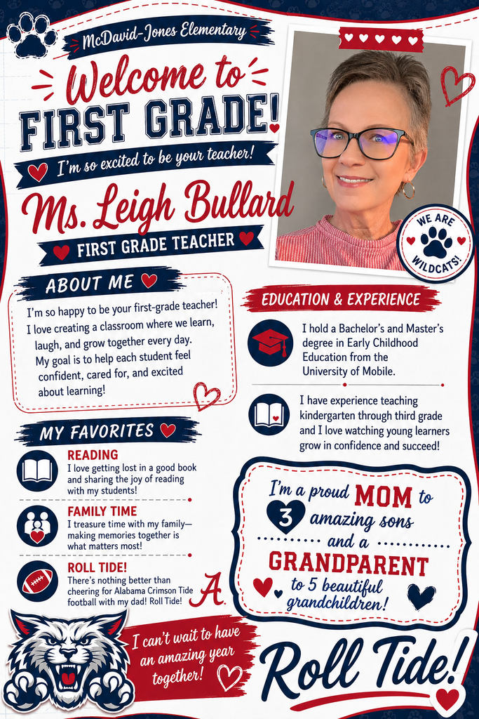 Please help McDavid Jones welcome Ms. Leigh Bullard. She will be joining our amazing first grade team. She comes to us holding a Bachelor’s and Master’s degree in Early Childhood Education from the University of Mobile. Ms. Bullard has taught kindergarten through third grade and currently enjoys reading, spending time with family, and watching Alabama football with her father. She is a mom of three amazing sons and a grandparent to five beautiful grandchildren. Roll Tide. Welcome to the Wildcat Family!