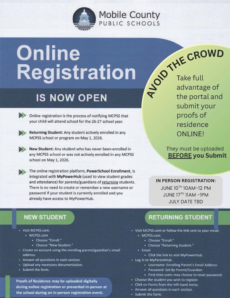 Registration information for the 2026-27 school year.