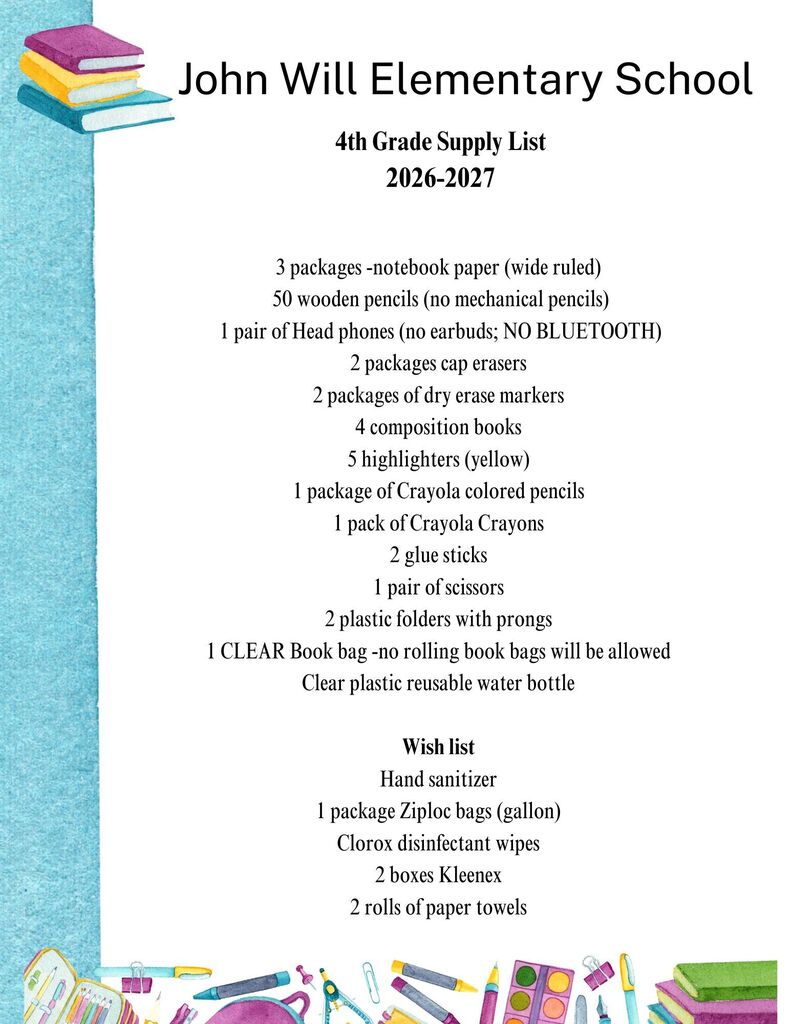 School supply list for 4th grade includes notebook paper, pencils, scissors, and more. Items include headphones, dry erase markers, and highlighters.