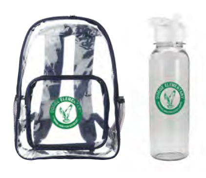 Clear backpack with logo and a bottle with logo, both on white background.