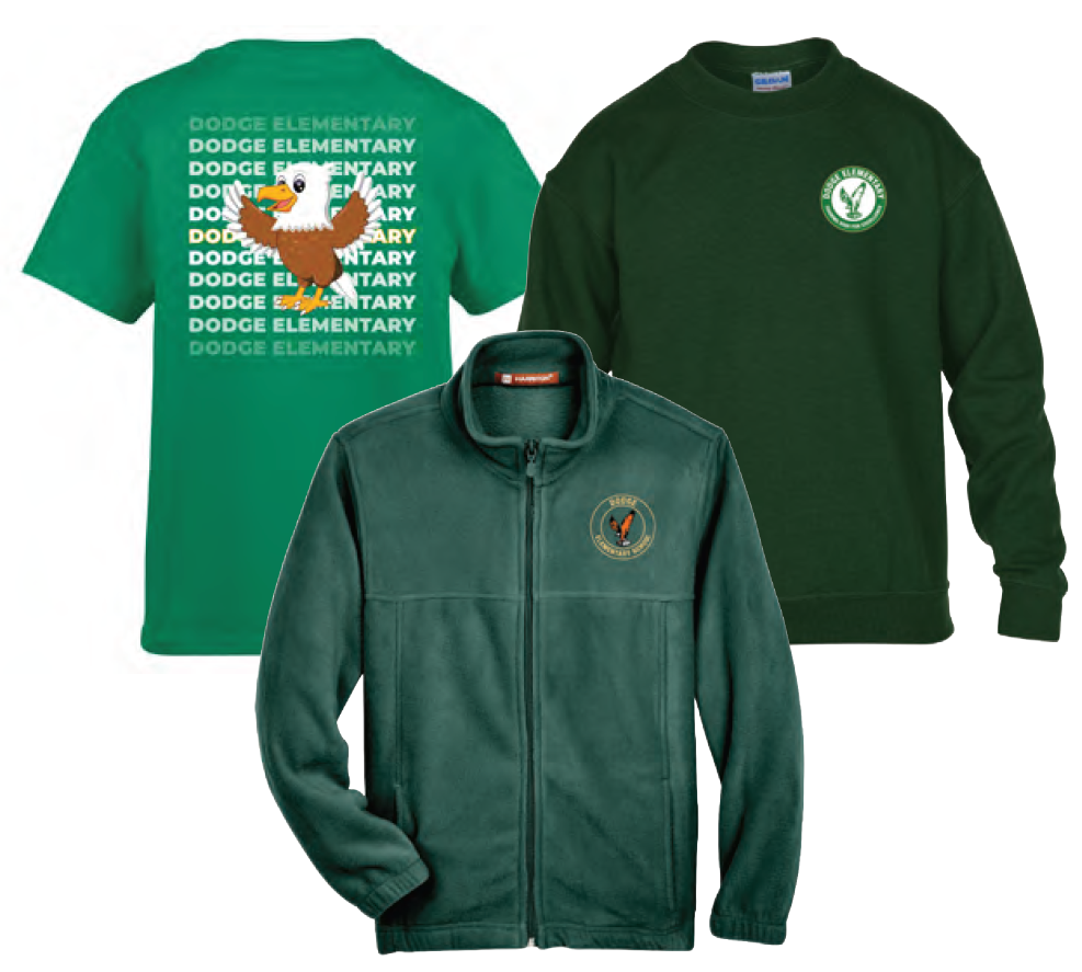 Three green garments: a T-shirt, a jacket, and a long-sleeved shirt. The T-shirt features a wordy design and an eagle. The jacket has a logo on the left chest.