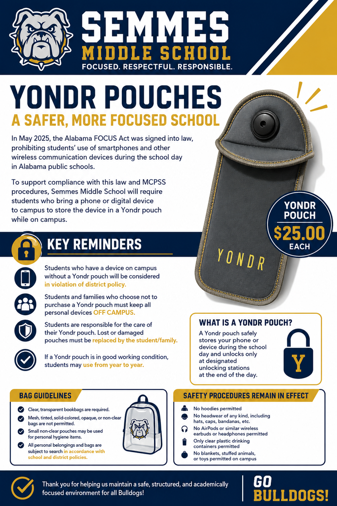 Promotional poster for Semmes Middle School announcing the implementation of Yondr pouches for student cell phones and personal electronic devices. The design uses the school colors of navy blue, white, and Vegas gold and features the Semmes Bulldogs logo at the top. Large headline reads: “Yondr Pouches – A Safer, More Focused School.” The poster explains that Alabama's FOCUS Act prohibits student use of smartphones and other wireless communication devices during the school day. To comply with state law and MCPSS procedures, Semmes Middle School will require students who bring a phone or digital device to campus to store it in a Yondr pouch while on school grounds. A large image of a Yondr pouch appears on the right side of the graphic with a circular badge stating: “Yondr Pouch – $25.00 Each.” A section titled “Key Reminders” includes: Students with a device on campus without a Yondr pouch may be in violation of district policy. Students who do not purchase a Yondr pouch must keep all personal devices turned off while on campus. Students are responsible for the care of their Yondr pouch. Lost or damaged pouches must be replaced by the student or family. Pouches in good condition may be reused from year to year. Another section titled “What Is a Yondr Pouch?” explains that the pouch securely stores phones and devices during the school day and can only be unlocked at designated unlocking stations at the end of the day. The poster also includes Bag Guidelines: Clear, transparent bookbags are required. Mesh, tinted, solid-colored, opaque, or non-clear bags are not permitted. Small non-clear pouches may be used for personal hygiene items. Bags and belongings are subject to search according to school and district policies. A final section titled “Safety Procedures Remain in Effect” lists: No hoodies permitted. No headwear, including hats, caps, or bandanas. No AirPods, earbuds, or headphones. Only clear plastic drinking containers permitted. No blankets, stuffed animals, or toys on campus. The graphic closes with a message thanking families for helping maintain a safe, structured, and academically focused environment and ends with the phrase: “Go Bulldogs!”.