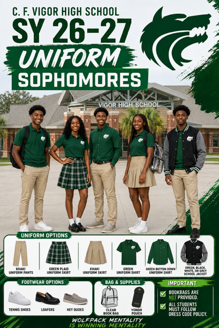 A poster shows five students wearing green shirts, skirts, and pants. Options for shoes, bags, and accessories are listed below.