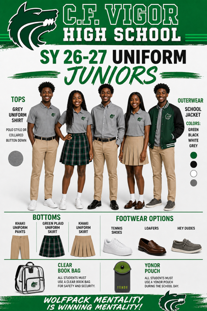Uniform options for junior students at C.F. Vigor High School SY 26-27. Various tops, bottoms, outerwear, and footwear shown.
