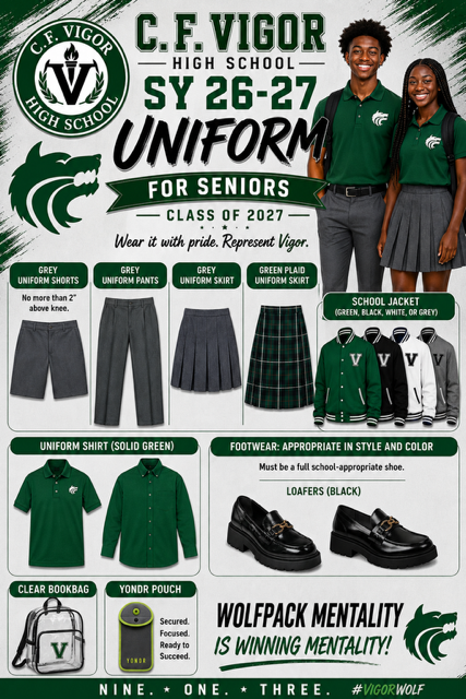 A poster shows high school uniform options for seniors. A man and woman model items including a green polo shirt, skirt, jacket, loafers, and a backpack.