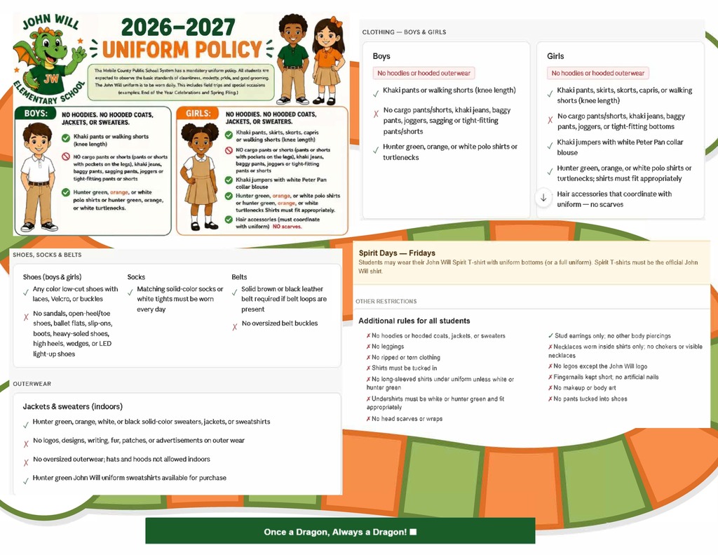 Document titled "2026-2027 Uniform Policy" features text and images of children. Sections include "Boys" and "Girls" with details. Background has a colorful snake pattern.