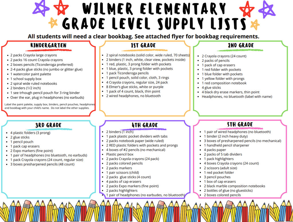 School supply list for each grade level
