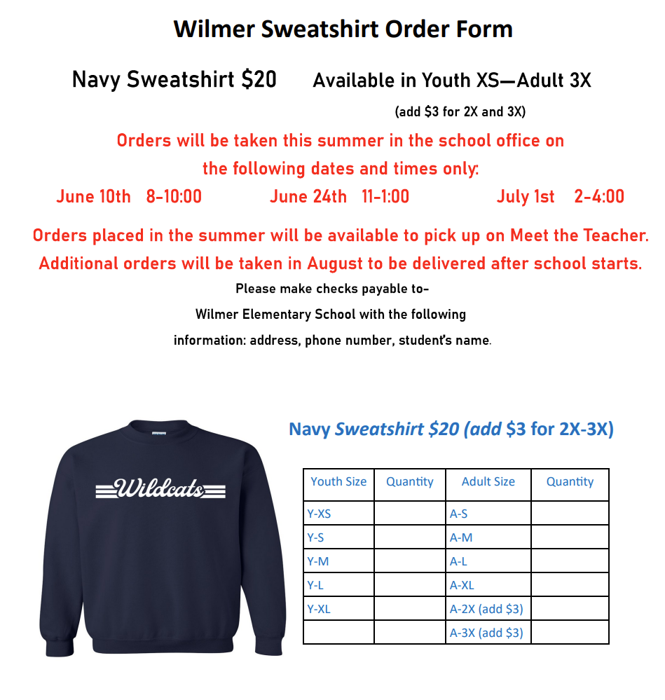 Sweatshirt order form-navy sweatshirts with wildcats in white writing $20 each add $3 for 2 and 3x