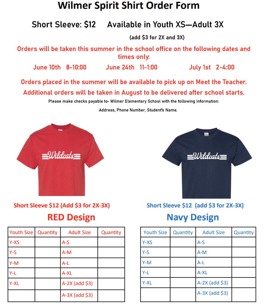 T-shirt order form -shirts are blue or red with wildcats in white writing and are $12 each  add  $3 for 2 and 3x