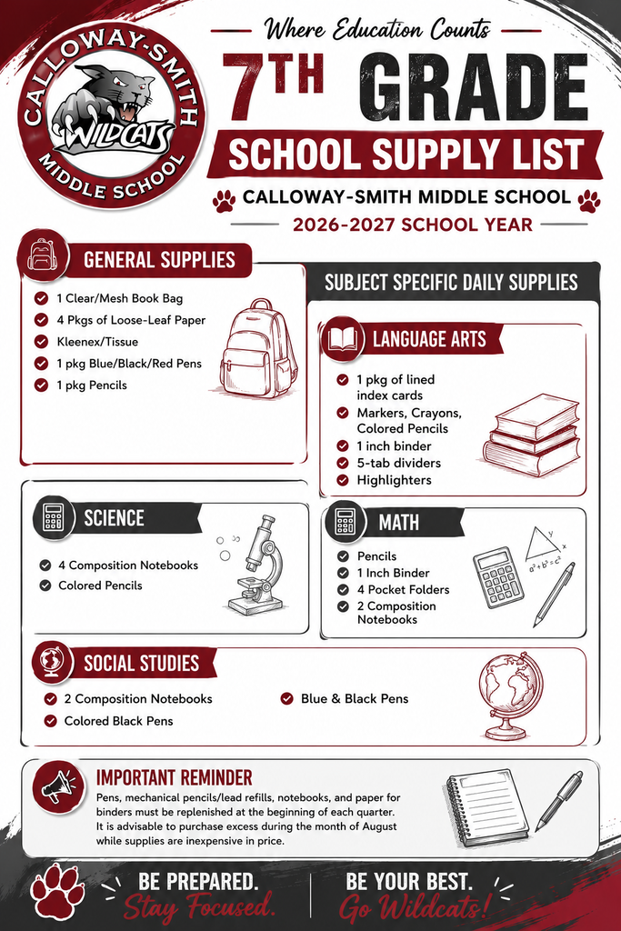7th Grade Supply List 