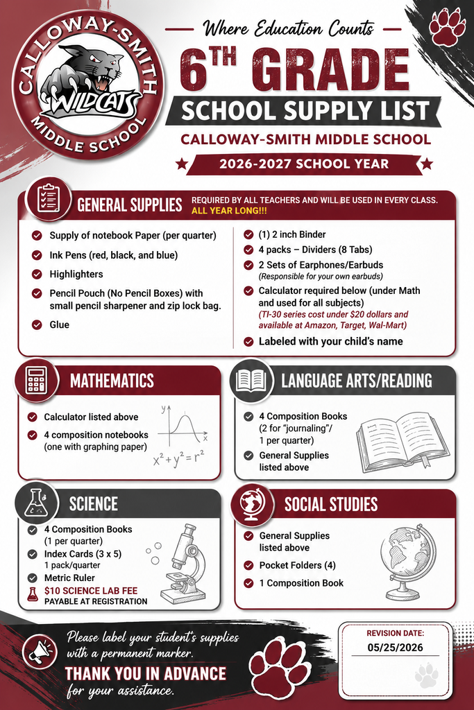 6th Grade Supply List 