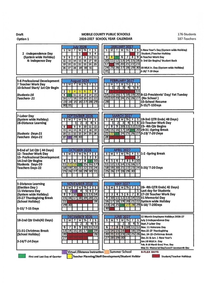 A page with a calendar from Mobile County Public Schools for the 2026-2027 school year, with different colors for holidays, spring break, and professional development days.