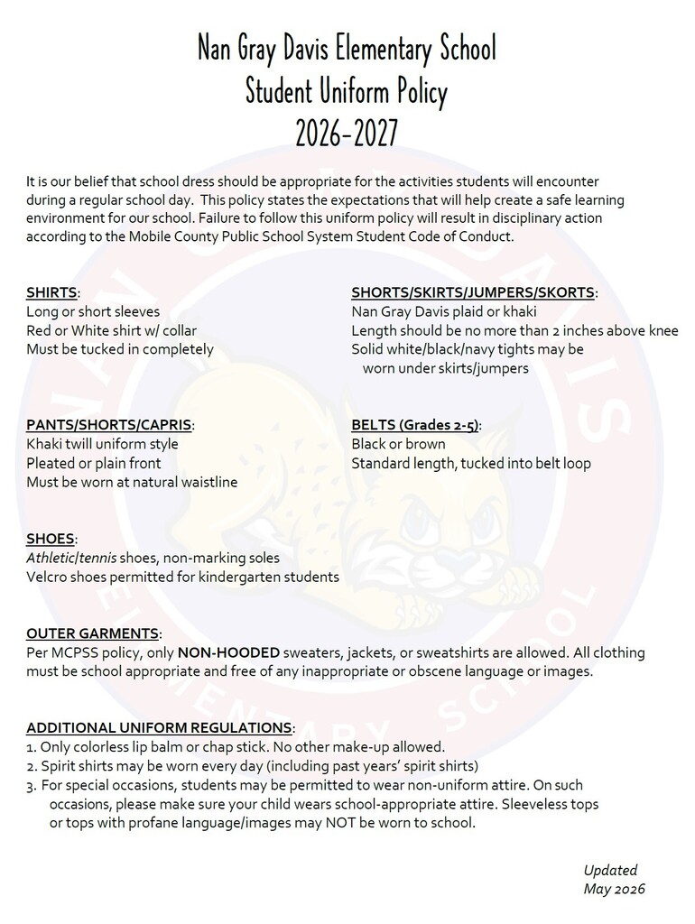 Document titled "Nan Gray Davis Elementary School Student Uniform Policy 2026-2027" outlines clothing standards for students, including shorts, shirts, and shoes, with additional regulations.