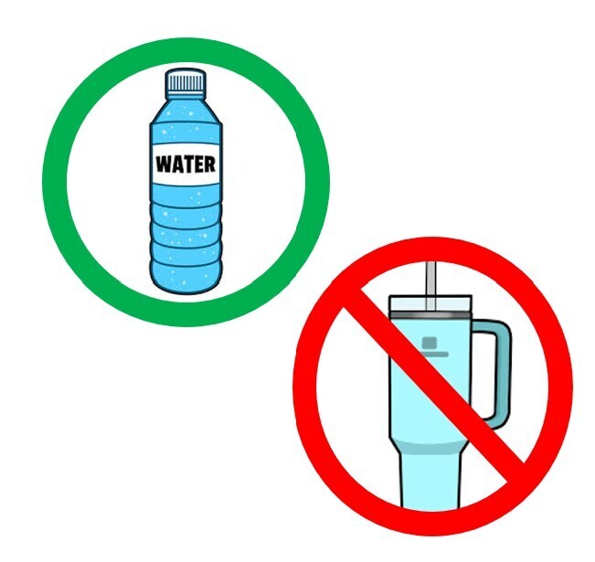 Two icons, one a green circle with a bottle labeled "WATER" and the other a red circle with a line through a bottle, against a white background.