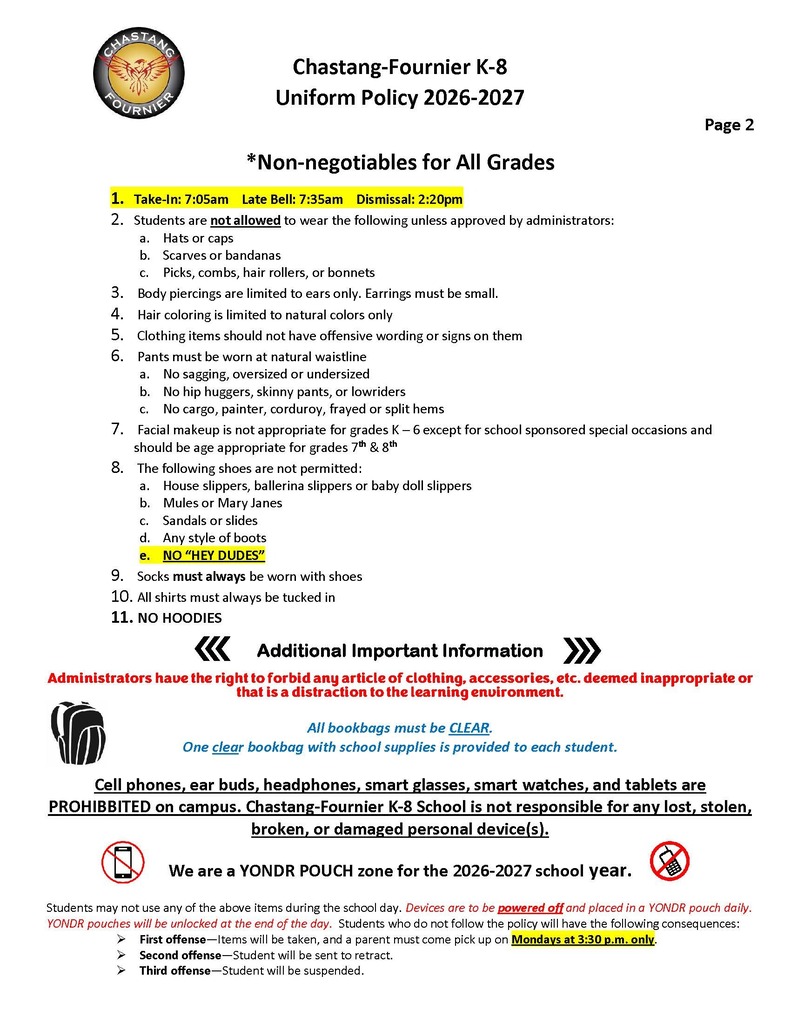 2026-2027 Chastang-Fournier K-8 Uniform Policy